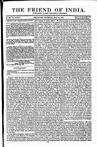 cover page of Friend of India and Statesman published on May 13, 1852